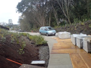 Looking north out of the underpass. At the right will (all things going okay) be a side access across university land up to Symonds Street (using the access lane that goes past the church).
