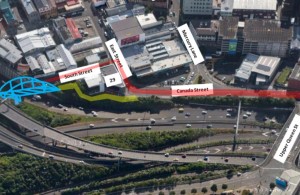 The now-proposed access to the Nelson Street route (not shown but in the works - cycle facilities on East Street to K'Road).