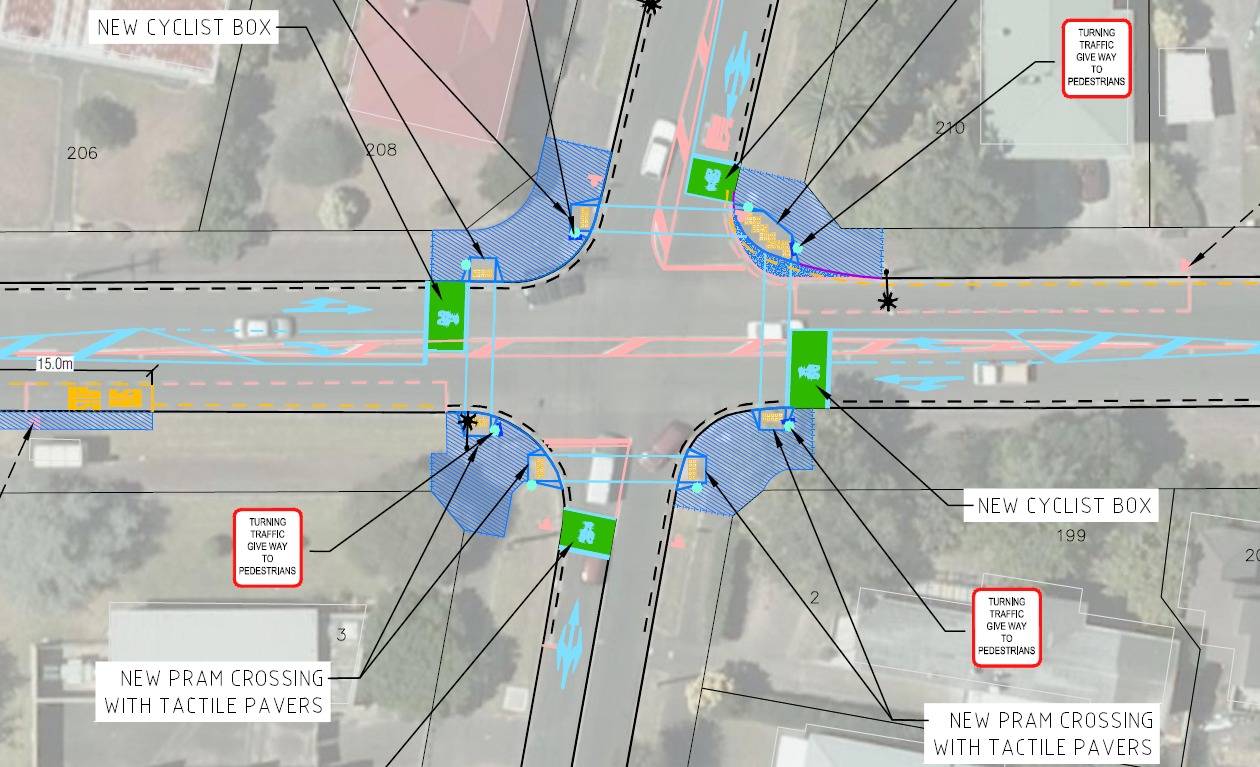 The proposed Blockhouse Bay Road / Chalmers St signals. Some green spots are all that bikes get.