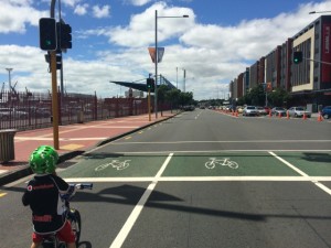 A bike gang of one, ready to take not just the lane but the whole of Quay St. 