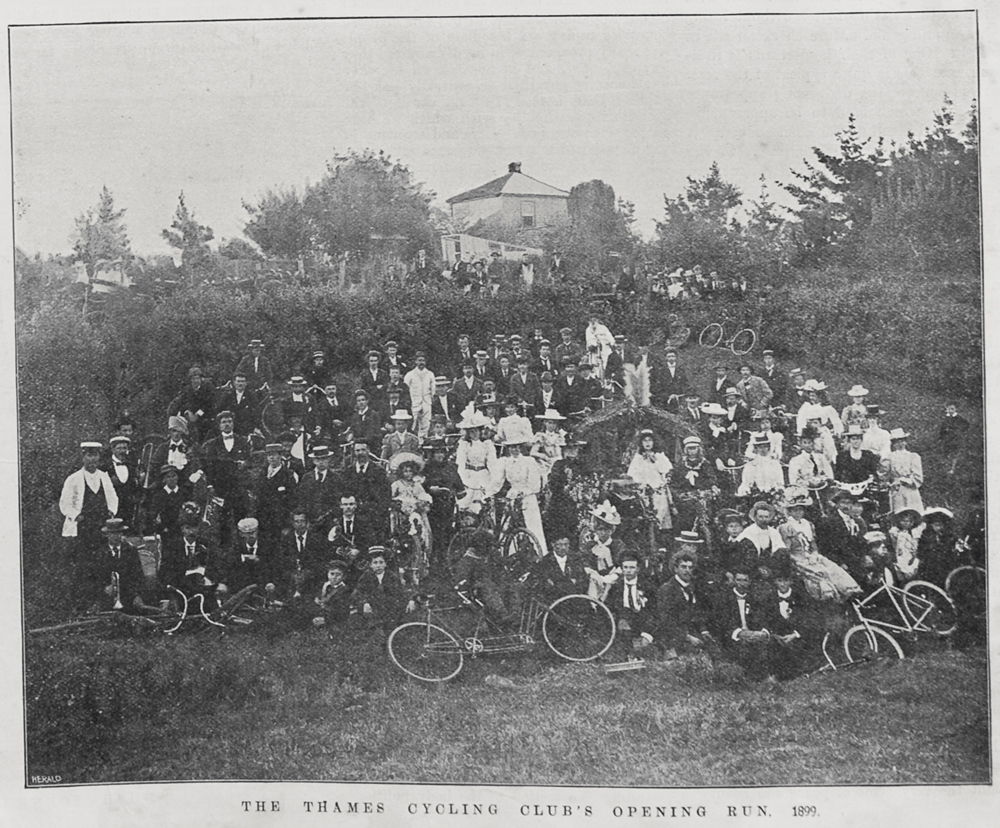 Ladies and Gents, the Thames Cycling Club Opening Run (1899) challenges you to do better in the bike-gang number stakes. (Sir George Grey Special Collections, Auckland Libraries, AWNS-18991208-5-5)
