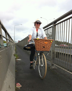 Carol on the NW cycleway, in her preferred headgear.