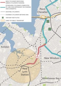The Waterview Path (blue) and the new Western Rail Line route (Red)