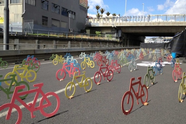 Resene and Matter put bikes on the Nelson St offramp for Urbis Design Day, 2013