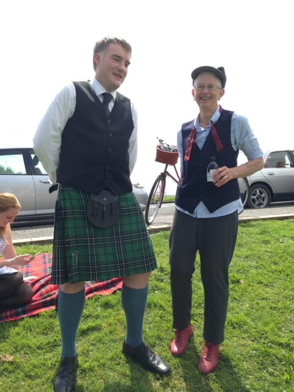 Duncan in his kilt; Caroline, who's a practicing midwife and rides a 90 year old bike to work, on the right. 
