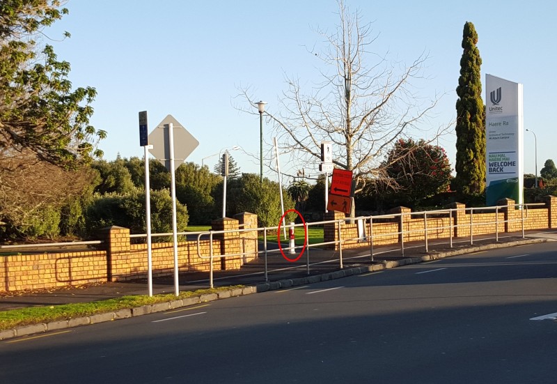 Example 01 - Where the cycleway comes out of Unitec onto Carrington Road - a bollard that sadly did NOT get removed. Why have a bollard at all where you need to make a sharp turn? Not like cars will be able to get past those railings in any case...