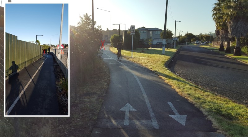Example 03 - This bollard got removed. And good riddance too - it was at the narrowest bit, and visiblity around the corner is pretty limited too. No need for another hazard. We haven't seen any cars suddenly go onto the path either, so a very positive change.