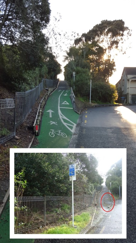 Example 09 - The ramp is approximately twice times as steep as modern standards recommend. It's not exactly safe now, but the old chicane barrier at the bottom was just criminal. Lets hope we can change this as part of the Ian McKinnon cycleway works which will head off from the same spot through the park in the back of the photo...
