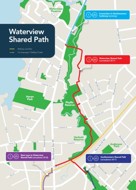 The Waterview Path, and the New Lynn (southwest) and SH20 (southeast connections.