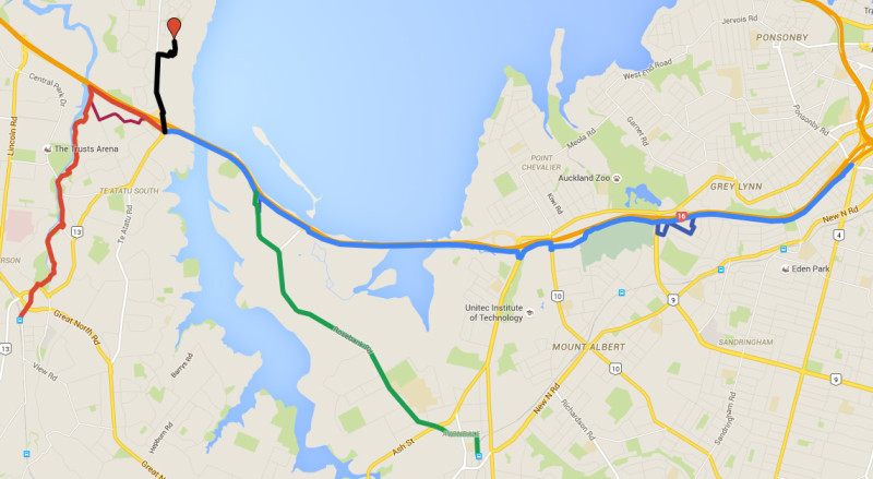 Map showing the NW cycleway (blue), and links to Henderson train station (red) and Avondale (green). The black line takes you to the beginning of the Sculpture Trail.