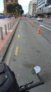 A sneek peak of the future on-road cycleway space. Already rideable, even with cones only...