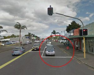 Great South Road, Hunters Corner - this wide traffic lane is too narrow for a cycle lane, according to AT.