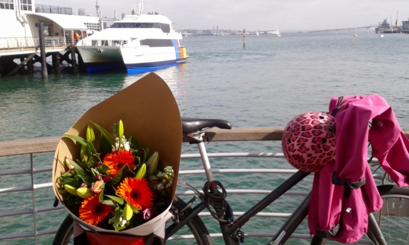 Flowers of gratitude for Marguerite Pearson, traveling from Devonport to the city on Barb's bike.