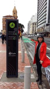 Pippa Coom models the new bike counter on Quay St. (NB the LEDs are hard to capture in a photograph)