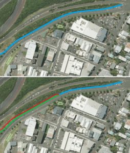 Blue at the top is an indicative plan of the (effectively shared path) AT is proposing. Red shows our proposal to add a separate footpath at least until the motorway embankment gets too narrow - turning this section into a real cycle-only path, and keeping the shared section to the very top only, where riders are slower and can share better with pedestrians.