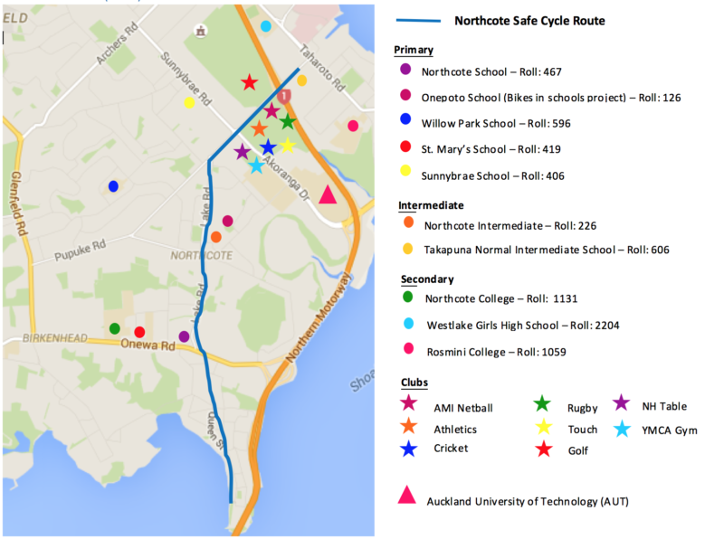 School populations along the Northcote Safe Cycle Route (2015 data, via Justine Martin of North Harbour Sports).