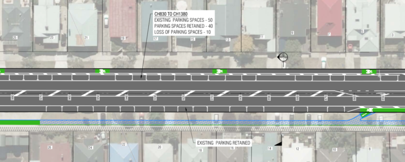 A snippet of Old Mill Road showing Option A (off-road bike lane on south side)