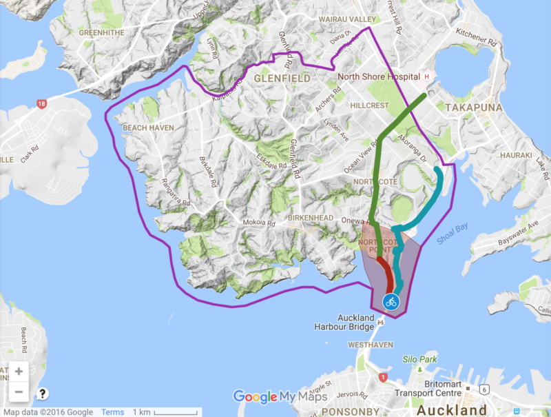 A map showing the Northcote electorate (boundary in purple), the Northcote Safe Cycle Route (in green), and the proposed route of SeaPath (in blue, with logical catchment shaded in blue). For most of the electorate, the NSCR will be the most intuitive route to the ferry terminal and to SkyPath.