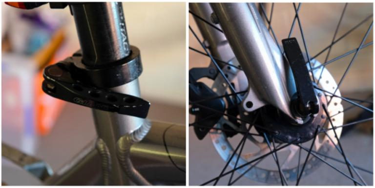 Close up shots of a seat post clamp and axel quick release, respectively.
