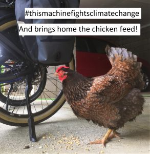 A chicken in front of a bike tyre with the words 'this machine fights climate change andbrings home chicken feed'