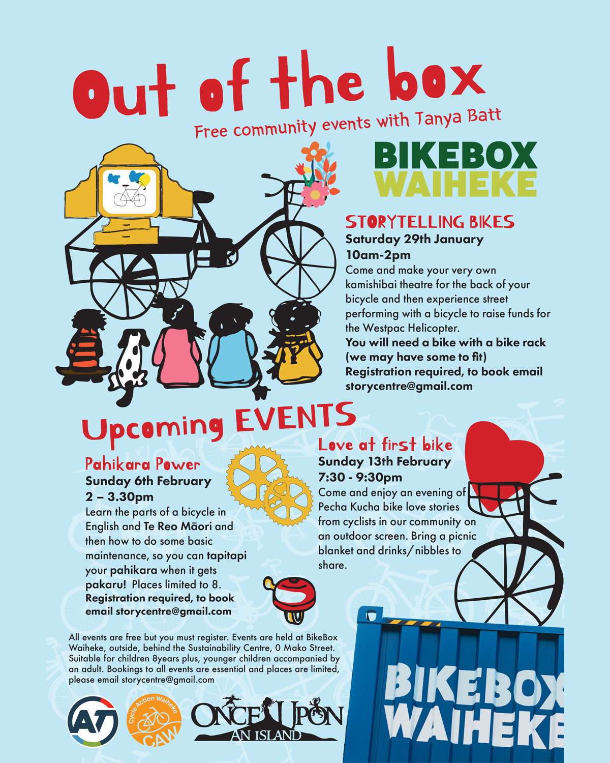 Storytelling bikes - Saturday 29th January 10 – 12noon, for kids 8+. Pahikara Power 6th Feb, 2pm-3.30pm, learn parts of your bike in Te Reo and some bike maintenance. Love at First Sight, 13th Feb, 7.30pm; Pechakucha bike love stories