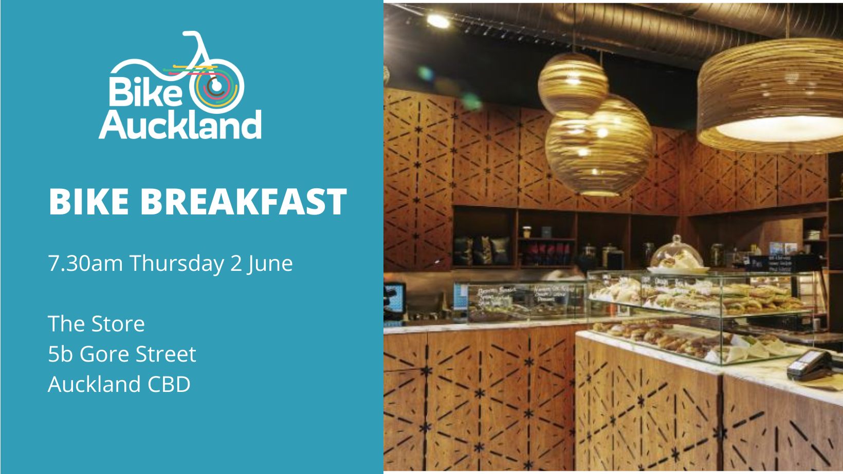 Image says Bike Breakfast, Thursday the 2nd of June, 7.30am at the Store.
