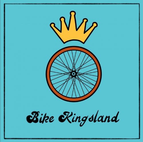 A logo for Bike Kingsland. It is a blue square with a picture of a bike wheel with a yellow crown above it. Below the wheel is text reading "Bike Kingsland".