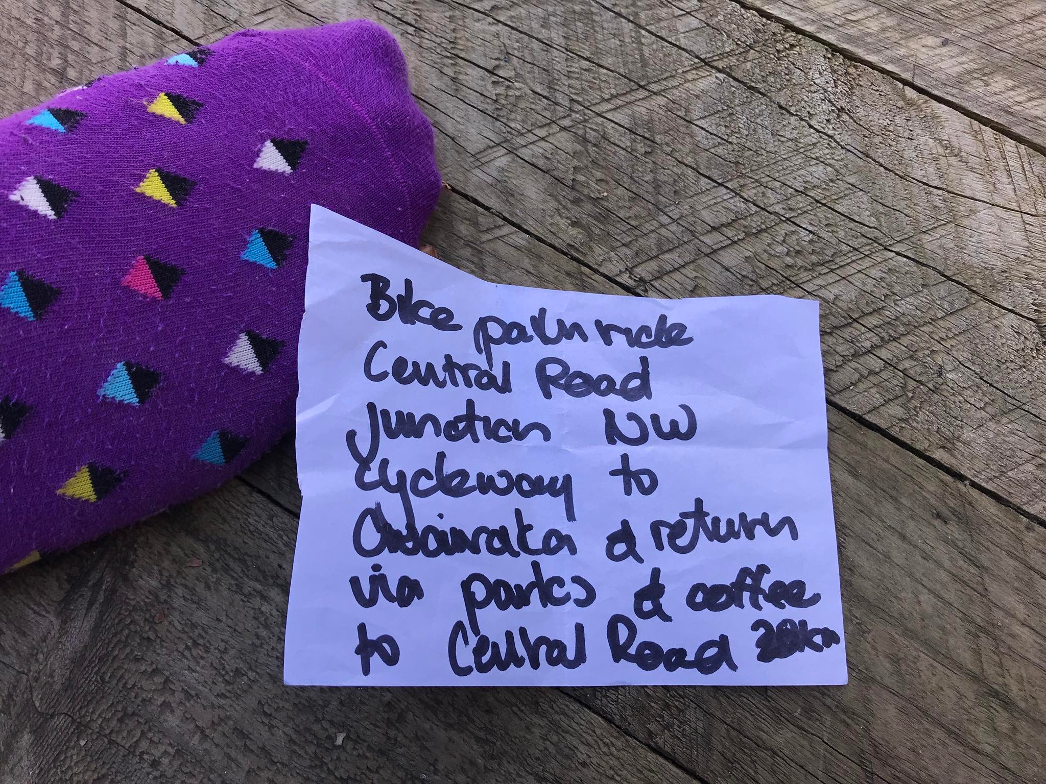 A note which reads "Bike path ride NW cycleway to ?wairaka & return via parks & coffee"