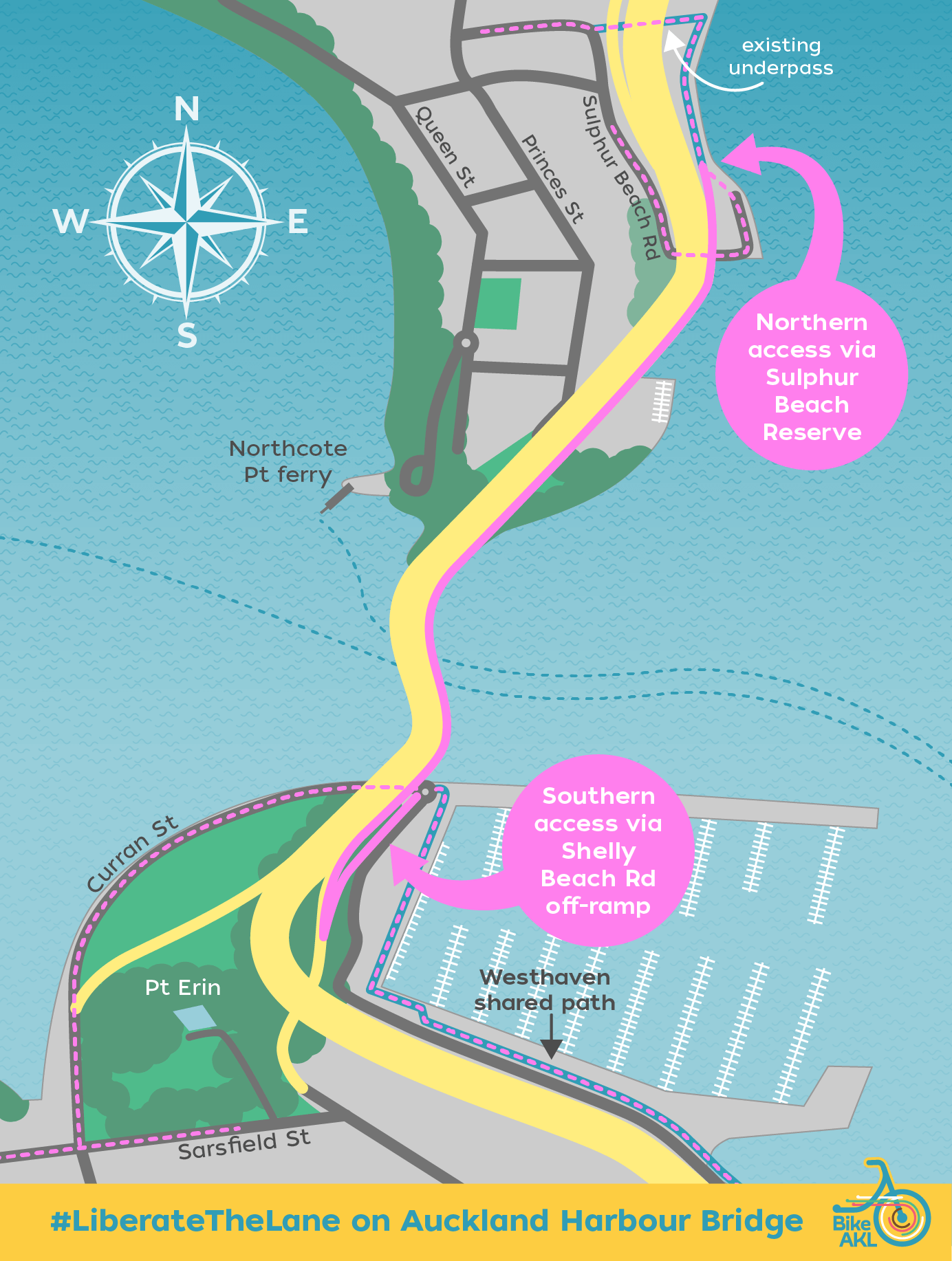 A map showing a pink lane over the Harbour Bridge which connects on the city centre side via the Shelly Beach rd off-ramp, and on the North Shore side via Sulphur Beach Reserve