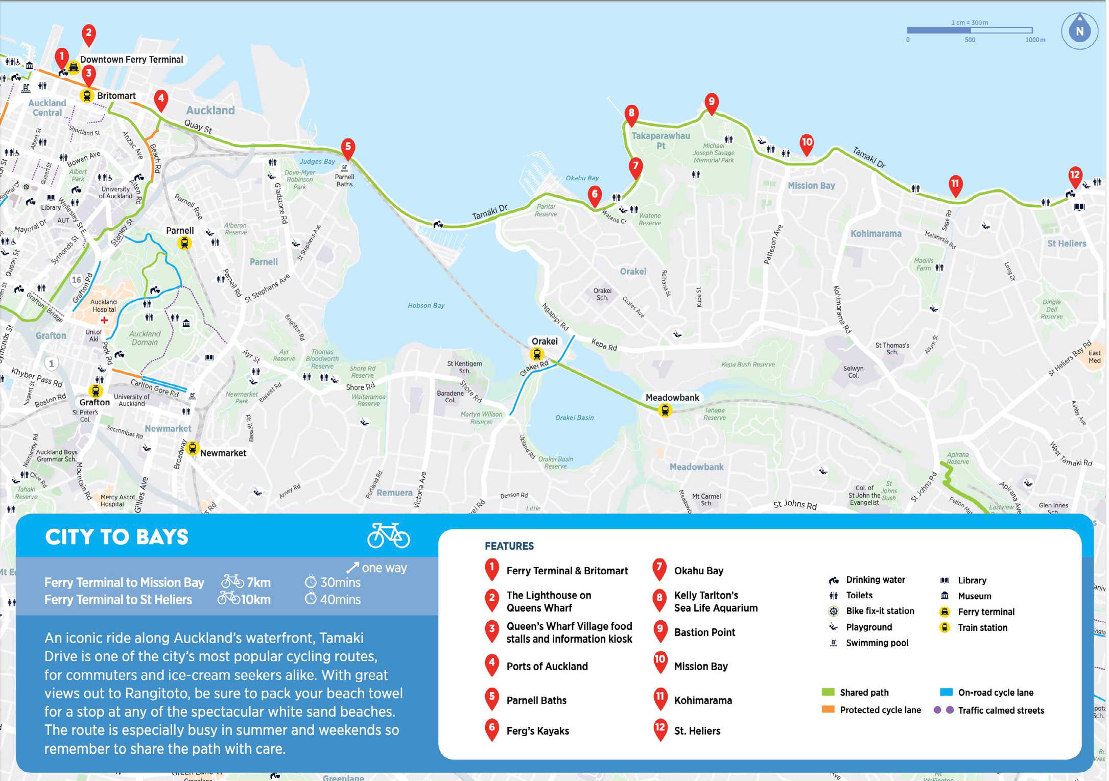 Auckland Transport's Map of the City To Bays via Tāmaki Drive ride route. Text reads:
An iconic ride along Auckland's waterfront, Tāmaki Drive is one of the city's most popular cycling routes, for commuters and ice-cream seekers alike. With great views out to Rangitoto, be sure to pack your beach towel for a stop at any of the spectacular white sand beaches. The route is especially busy in summer and weekends so remember to share the path with care. 