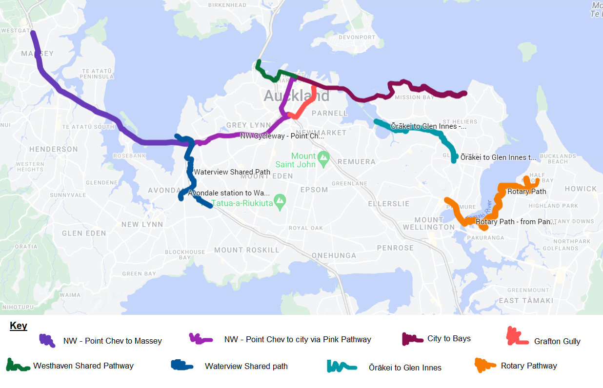 A map showcasing 8 different routes across Tāmaki Makaurau which were audited for accessibility. 