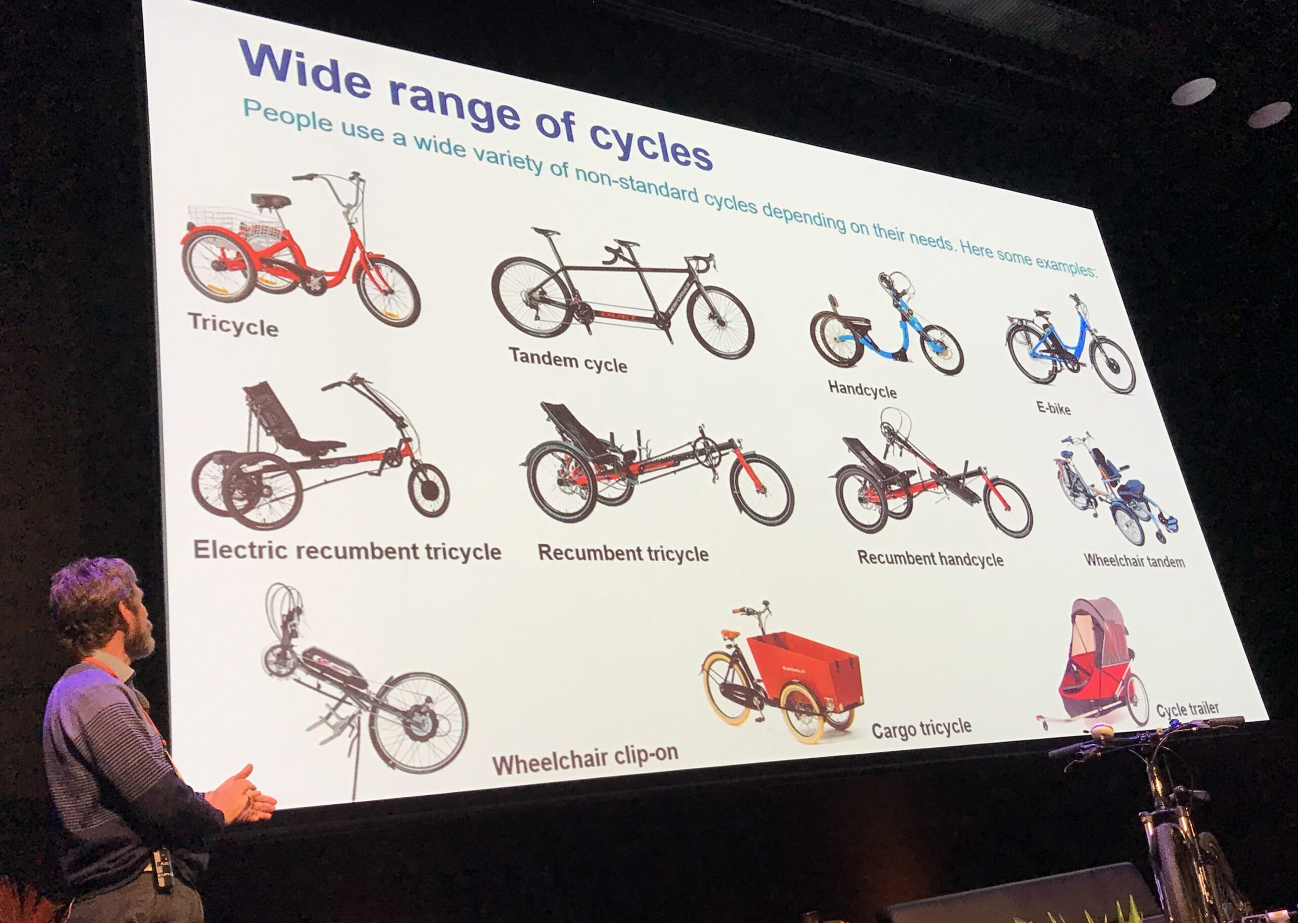 Simon Kennett presenting. The slides behind him show images of a range of bike types, including trike, tandem cycle, handcycle, recumbent cycles, wheelchair clip on and wheelchair tandem.