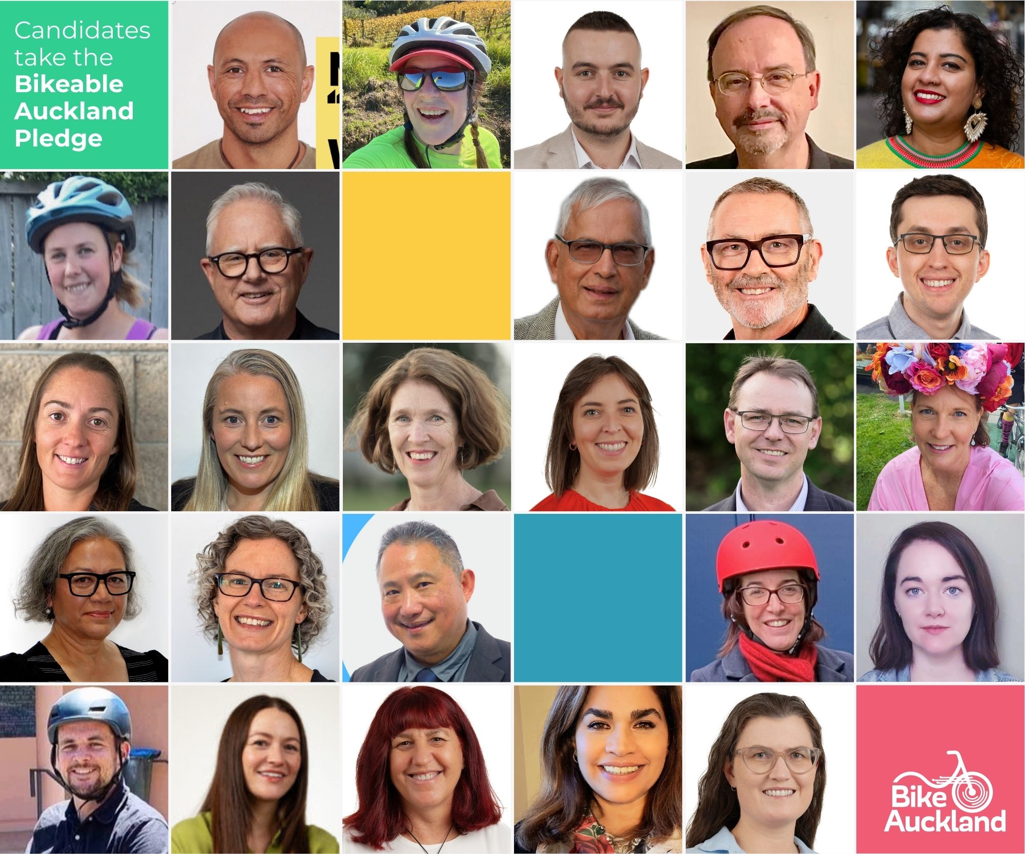 Mosaic of candidate portraits with the label Candidates take the Bikeable Auckland Pledge