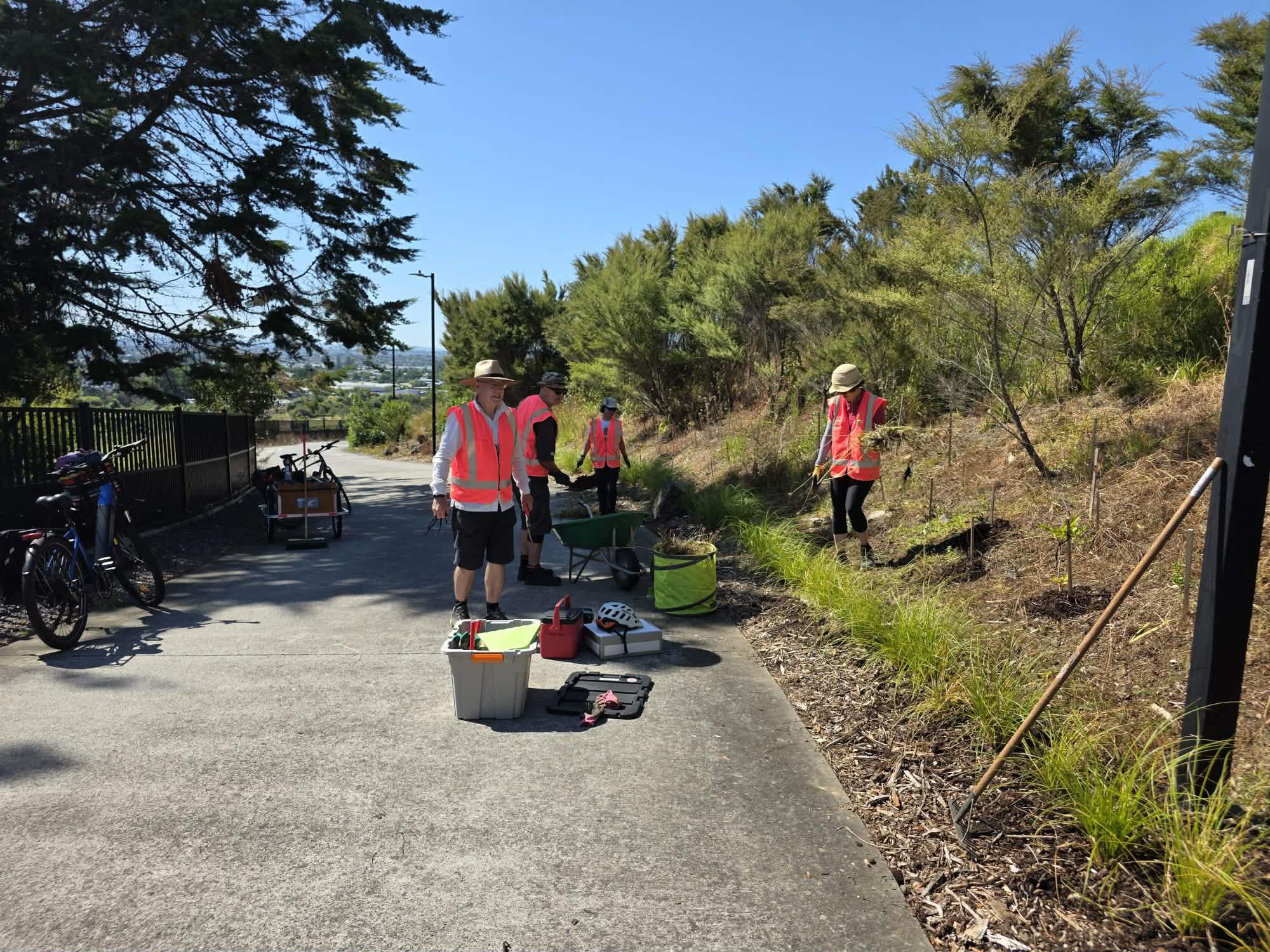 volunteers in hi vis doing gardening along a concrete path