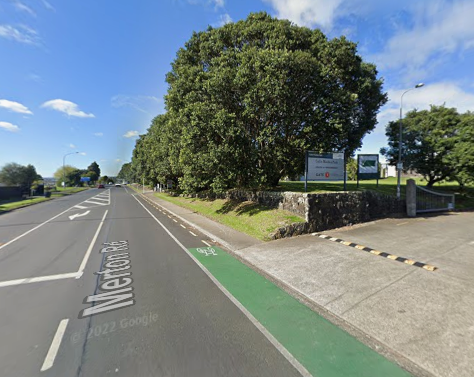 a streetview of the entrance to colin maiden park with a painted cycleway outside
