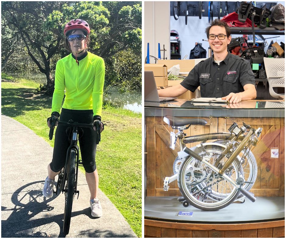 Composite image of Karen on a bike and Maurice behind the desk of his shop