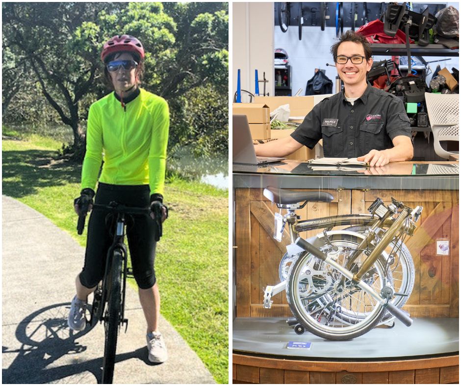 Composite image of Karen on a bike and Maurice behind the desk of his shop