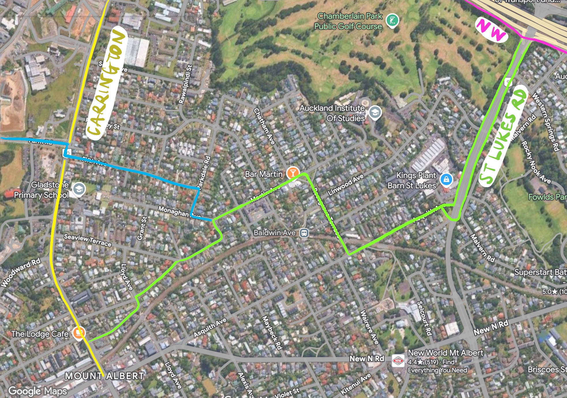 A map showing alternative routes to the east of Carrington Rd to join the NW at St Lukes Rd