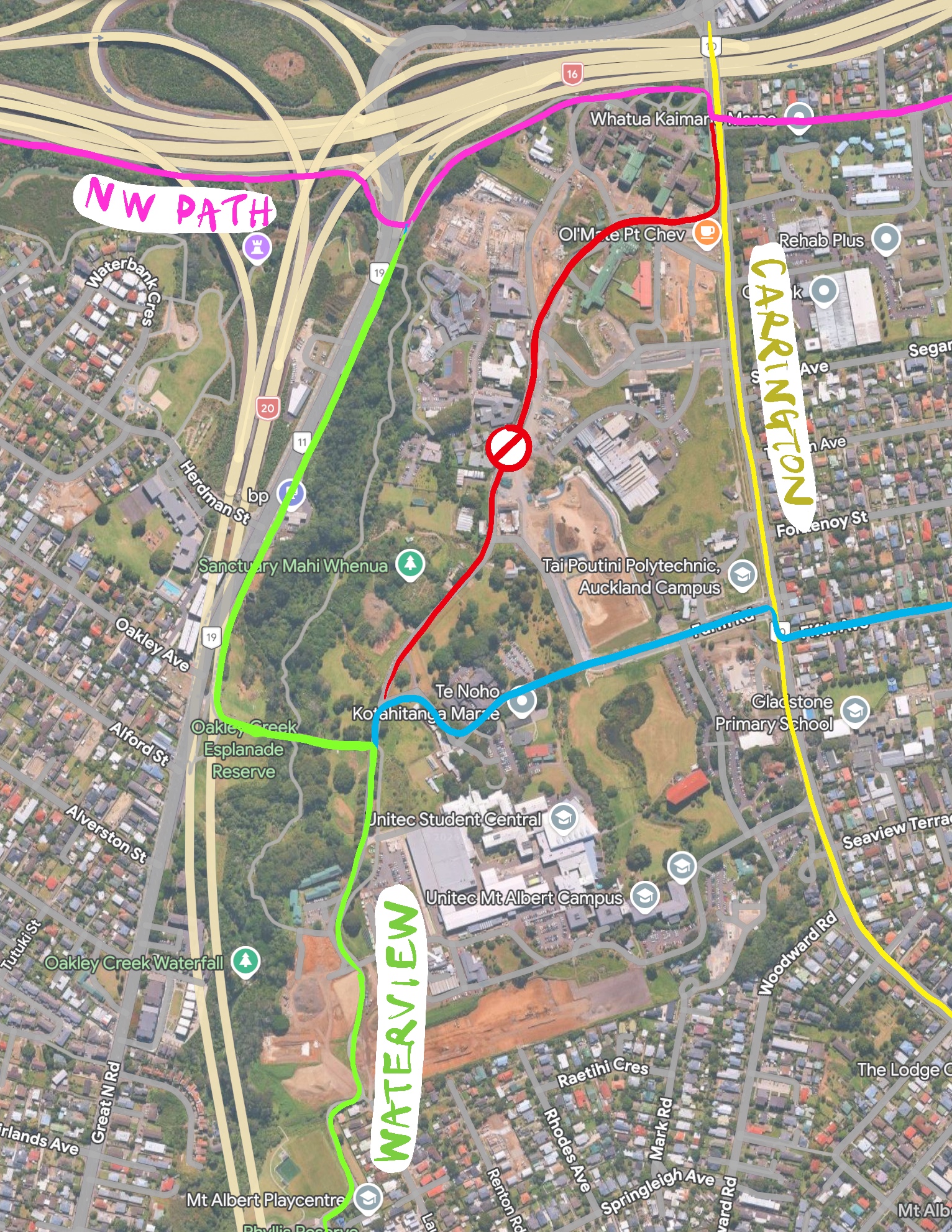 Map showing alternative routes to the west of Carrington Rd. Waterview path and NW path are marked, as well as closed roads through the ex-Unitec development.