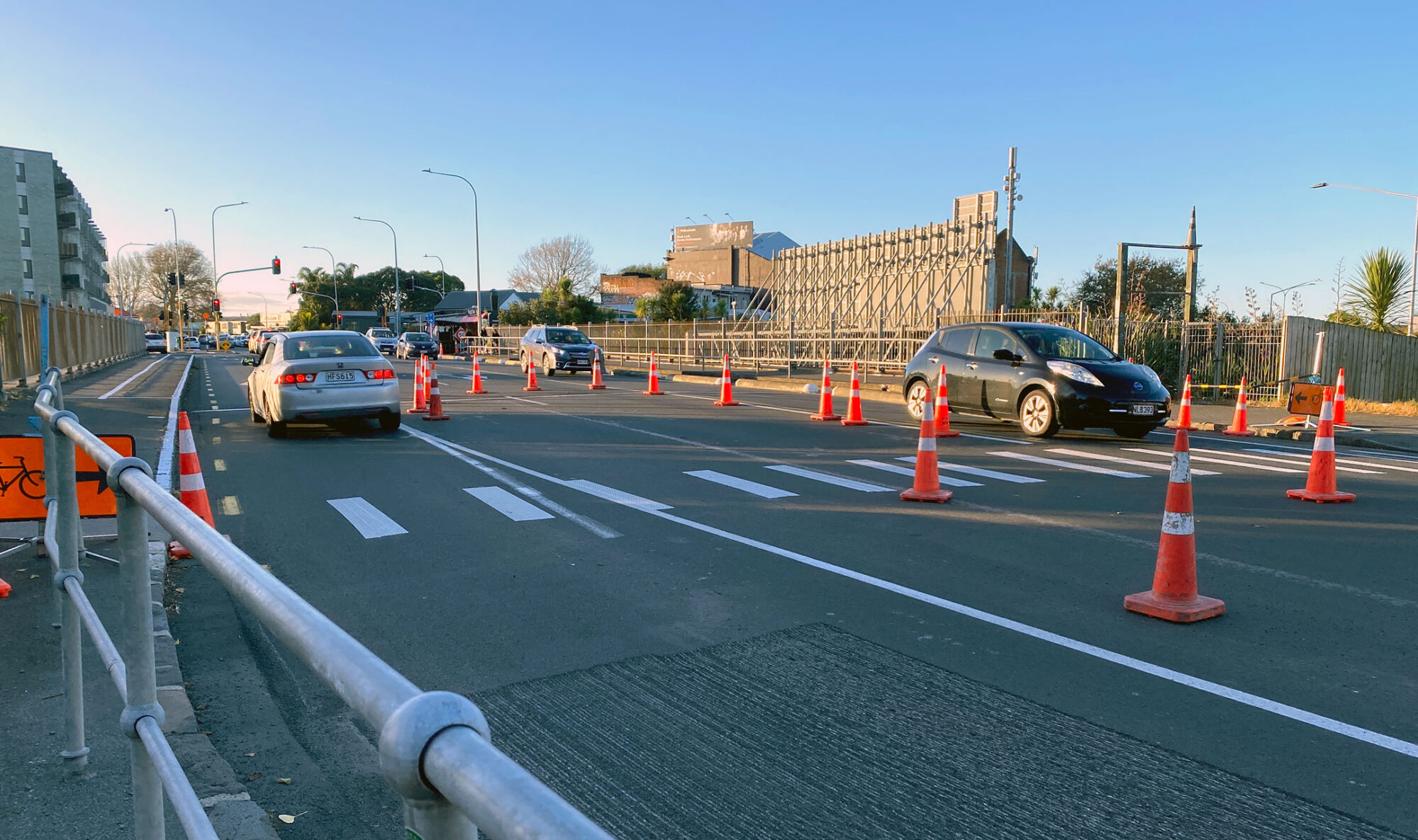 A temporary zebra crossing surrounded by cones