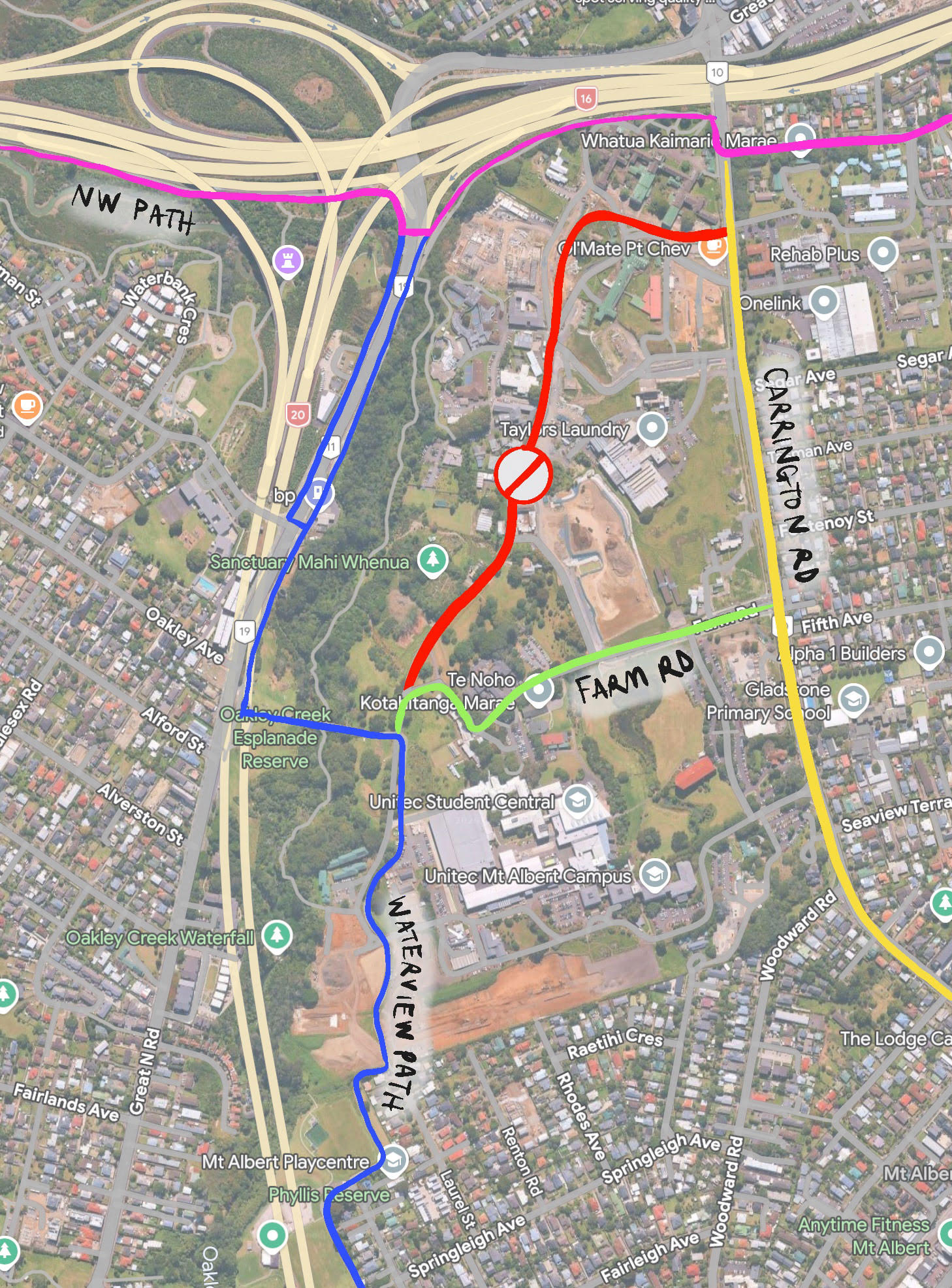 Map showing closed path parallel to Great North Road through the Unitec development